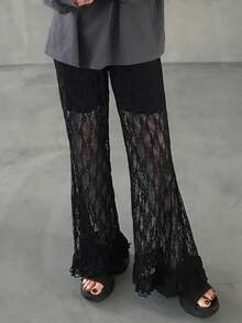 FRIFUL Quần dài nữ cạp chun, ống loe ren toàn thân, viền bèo nhún, thích hợp mặc mùa hè. - màu đen - Xem 3
