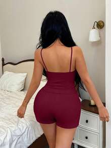 Casual Minimalist Camisole Women's Pajama Set - Burgundy - View 2