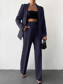 EURMUSE Women's Casual Solid Color Lapel Long Sleeve Blazer And Trousers Suit