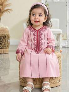 SHEIN Baby Girls' Pink Print V-Neck Long Sleeve Dress, Traditional Arab Clothing, Jalabiya, Abaya