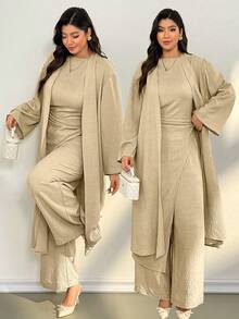 Auralis 新款春秋季基础款长袖无领外套和高腰褶裥修身连体裤两件套，通勤/优雅浪漫/OL风/美人鱼风/教师工作服 - 卡其色 - 查看 1