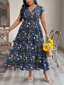 EMERY ROSE Women's V-Neck Ditsy Floral Long Dress, Waist Cinched Relaxed Vacation Style - Multicolor - View 5