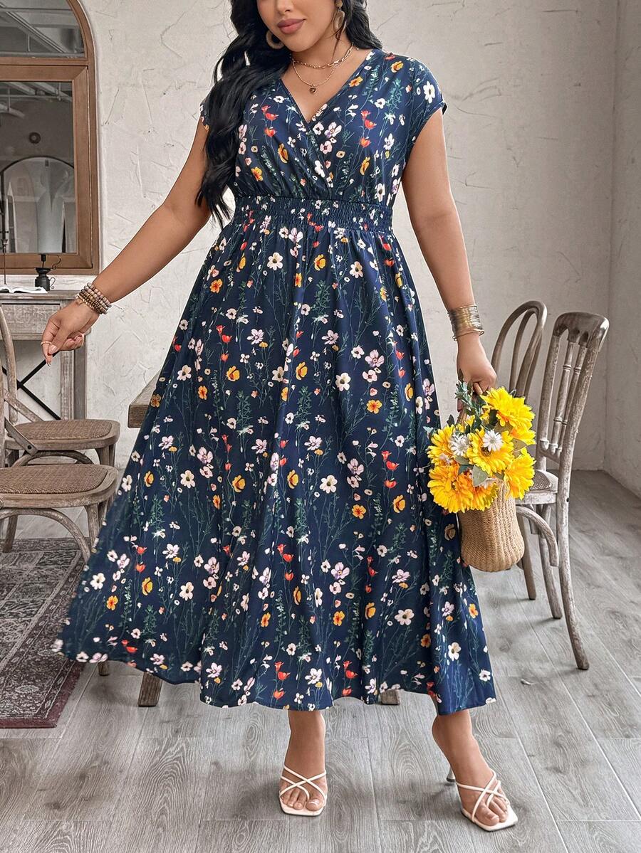 EMERY ROSE 女士V领碎花长连衣裙，收腰设计，休闲度假风 - 彩色 - 查看 1