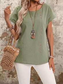 EMERY ROSE 纽扣细节圆领蝙蝠袖休闲衬衫 女士夏季纯棉衬衫 - 綠色 - 查看 6