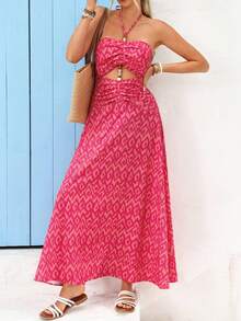 Vivid Eden 女士度假休闲印花镂空露背连衣裙 - 粉色 - 查看 4