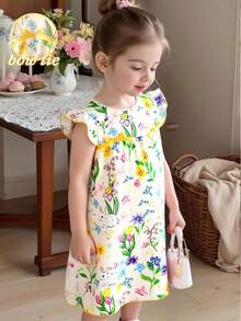 SHEIN Vintaside Kids 女童春夏新款连衣裙，梭织纹理面料，可爱兔子数码印花图案，正面蝴蝶结装饰，无袖修身A字圆领连衣裙，适合可爱、俏皮、淑女的休闲穿着，日常、上学、外出、度假、派对等场合皆宜。迷人的女童黄色碎花印花短款A字下摆复活节连衣裙，带有荷叶边细节。迷人的儿童圆领荷叶袖黄色涤纶连衣裙，可爱植物图案，宽松短款荷叶边下摆，适合春季穿着。优雅的派对连衣裙。 - 黃色 - 查看 3