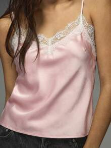 MISSGUIDED 蕾丝边缎面吊带背心 V 领无袖上衣 夏季休闲节日叠穿 - 藕粉色 - 查看 6