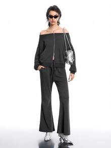 Airlisse Women's Fashionable Party Clubbing Silver Zip-Up Sweatshirt, Spring/Autumn - Dark Grey - View 7