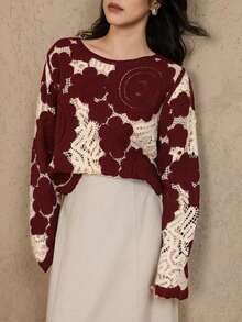 DAZY Women's Elegant Floral Print Crew Neck Sweater, Autumn/Winter - Burgundy - View 5