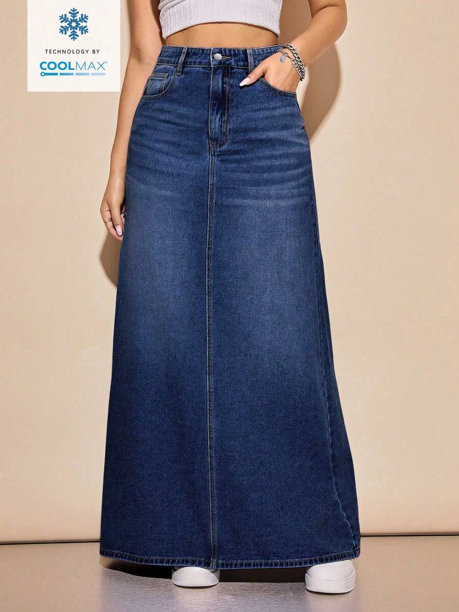 Jeanoix 女士口袋纽扣装饰时尚百搭约会休闲牛仔裙 - 深色水洗藍 - 查看 1