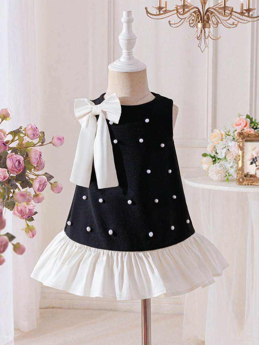 SHEIN Baby Girl Beaded Big Bow Decor Contrast Color Sleeveless Dress