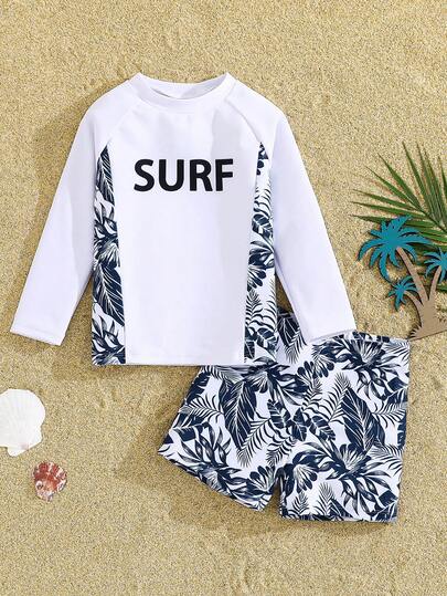 SHEIN 2-Piece Set Of Casual Sports Swimsuit For Little Boys, With Holiday Style Pattern Tight Fitting Upper And Swim Pants Adjusted, Children's Clothing, Suitable For Outdoor Swimming, Beach Play, Vacation Wear, Suitable For Spring, Summer, Autumn, Winter Seasons