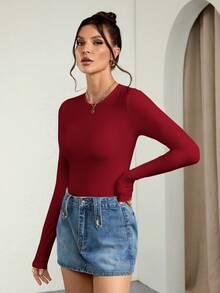 SHEIN Tall 2pcs/Set Women Solid Color Knitted Round Neck, Casual, Cozy Chic, Slim And Versatile Long Sleeve Bodysuit - Multicolor - View 5
