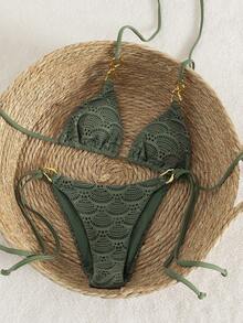 Swim Chiccia Bộ bikini nữ màu xanh quân đội, chất liệu lưới jacquard dệt kim, phụ kiện kim loại, dây đeo chéo và thắt nút phía sau, thích hợp cho bãi biển, lễ hội âm nhạc mùa xuân/hè. - xanh quân đội - Xem 6