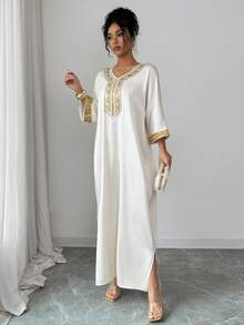 Women's Elegant V-Neck Gold Floral Lace Trim Loose Long Robe Robe, Spring - Apricot - View 4