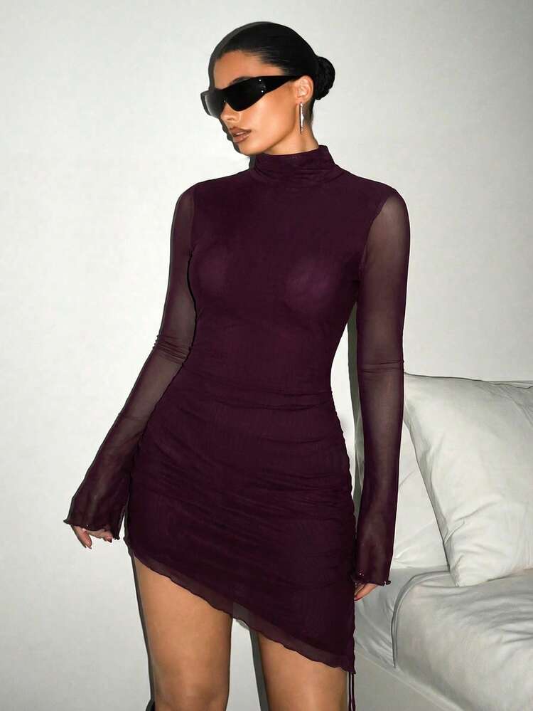 SHEIN ICON 纯色长袖网纱修身不对称下摆连衣裙，通勤风格 - 中紫紅色 - 查看 4