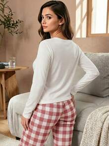 Conjunto de pijama de manga larga con estampado de letras y cuadros, ropa de otoño e invierno - Rosa y Blanco - Ver 3