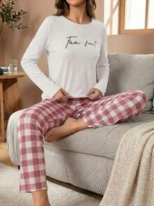 Conjunto de pijama de manga larga con estampado de letras y cuadros, ropa de otoño e invierno - Rosa y Blanco - Ver 1