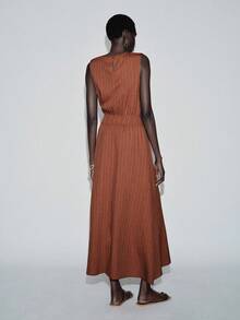 Lumivelle Women's Fashion Textured Fabric Round Neck Waist Ruched Design Sleeveless Dress - Redwood - View 2