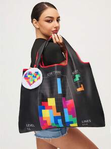 Tetris™ X SHEIN 1 Cute Cartoon Character Print Foldable Shopping Bag, Tote Bag, With Small Storage Bag With Bead Chain, Can Be Hung On The Bag. - Multicolor - View 3