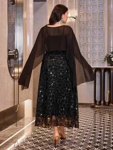 Modelyn 大码女士优雅刺绣长款两件套，珍珠装饰吊带连衣裙配开衫，适合春秋季休闲及各种场合穿着 - 黑色 - 查看 2