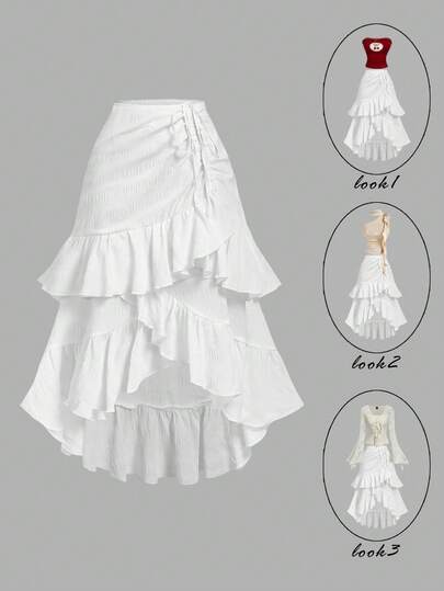 SHEIN MOD Textured Fabric Layered Ruffle Drawstring Asymmetrical High-Low Skirt – Perfect For Vacation, Date, Picnic, Party, Prom, Festival, And Birthday; Romantic Vintage Court Style