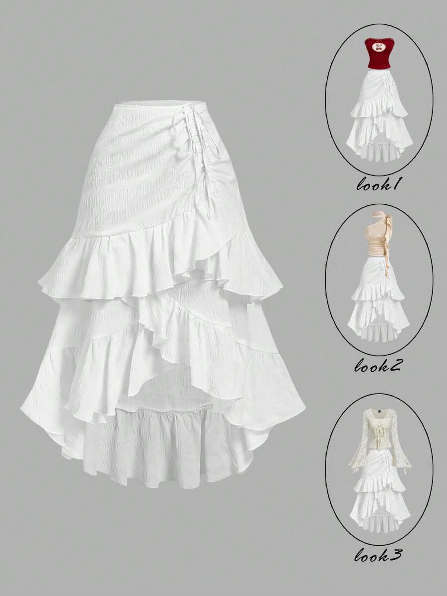 SHEIN MOD 纹理面料层叠荷叶边抽绳不对称高低裙——完美适用于度假、约会、野餐、派对、舞会、节日和生日；浪漫复古宫廷风格