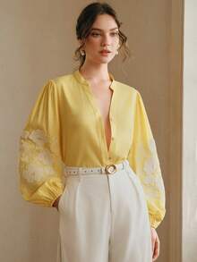 Anewsta Women's Embroidered Blouse, Fresh And Elegant , Delicate Embroidery, V-Neck Lantern Sleeve, Loose And Slimming Long Sleeve Top - Yellow - View 7