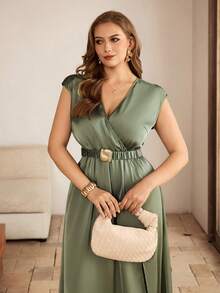 Roveilla 大码女式缎面V领蝙蝠袖腰带金属扣装饰A字型长连衣裙，优雅法式复古百搭休闲连衣裙，适合通勤、商务、度假、春夏穿着 - 綠色 - 查看 1