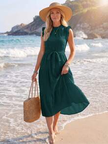 Sylviya Frill Trim Ruffle Hem Belted Dress,Vacation - Dark Green - View 4