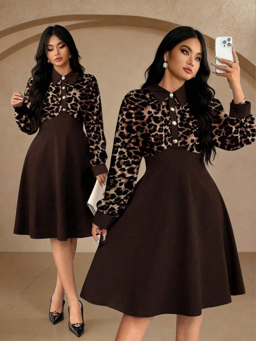 Elenzga 大码女装时尚百搭法式复古奢华优雅通勤休闲日常晚宴派对度假条纹纽扣长袖连衣裙（Kooky Elegance 系列 - Woe Is Me Vibes - Wednesday Aesthetic） - 彩色 - 查看 1