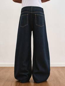 TOKVUE 男士休闲奢华水洗牛仔直筒阔腿裤 - 深色水洗藍 - 查看 2