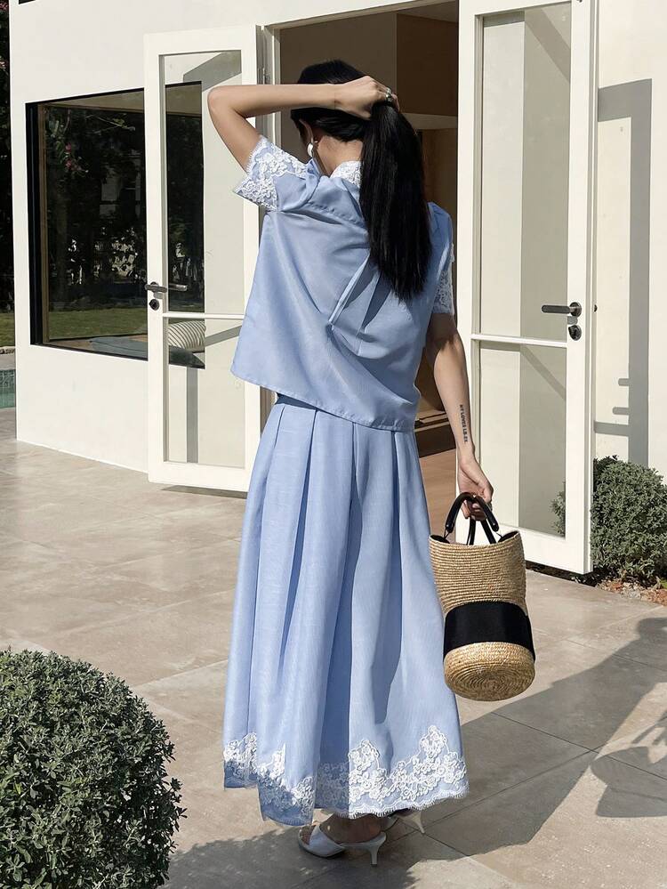 Women's Elegant Lace Patchwork Shirt And Skirt 2 Pieces Set, Spring/Summer,Wedding Guest Dress Women