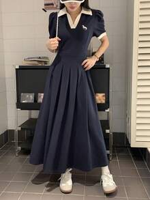 DAZY 女士休闲刺绣撞色Polo领中长连衣裙，夏季婚礼宾客礼服/吊带裙 - 藏蓝色 - 查看 3
