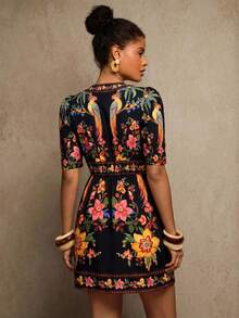 Travachic V-Neck Short Sleeve Fitted Women Mini Dress - Black - View 2