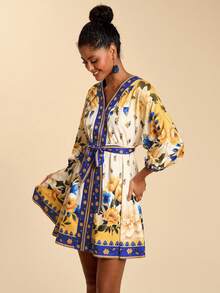 Travachic Women's V-Neck 3/4 Sleeve Printed Chiffon Mini Dress, Suitable For Spring/Summer Vacation - Multicolor - View 4