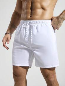 Manfinity Swimmode 男士纯色抽绳休闲沙滩短裤 - 白色 - 查看 3