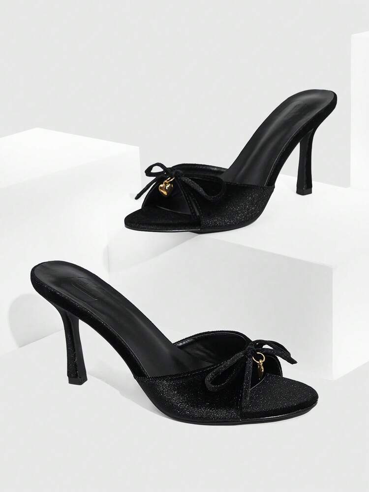 CUCCOO SZL Women's Velvet Bow & Golden Heart Decor Fashion Elegant Romantic Sexy Round Toe Mule High Heel Sandals In Wine Red