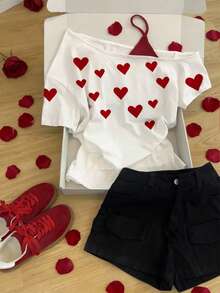 GlowEve Women's Casual Heart Print Asymmetric Neck T-Shirt, Summer - White - View 6