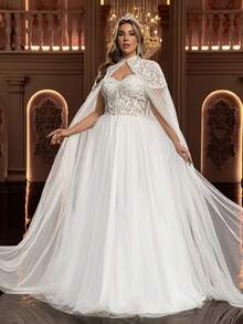 Glamrae Plus Size Elegant Luxurious Romantic White Beaded Embroidery Mesh Splice Chinese Collar Design Flowing Maxi Skirt Wedding Bridal Gown Plus Size Bridal Dress Dress With Cape Bridal Cape Dress White Gown With Cape Plus Size White Dress White Gown For Women Plus Size Fairy Dress - White - View 4