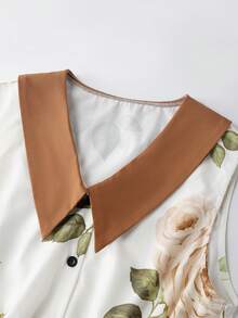 GlowEve Women's Rose Print Waist Tie A-Line Contrast Collar Elegant Everyday Vacation Commute Fashion Valentine's Day Date French Street Retro Versatile Party Brown Rose Print Early Spring/Autumn Sleeveless Mid-Length Dress - Multicolor - View 6