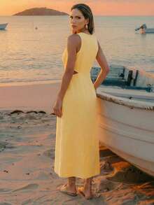 CAJUNI Đầm nữ màu trơn, thiết kế xoắn eo, xếp ly, khoét lỗ, thời trang cho các buổi hẹn hò. - Vàng nhạt - Xem 9