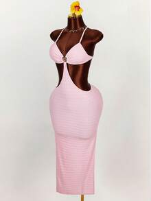 Amplova Shell Metal Decor High Slit Women Dress - Pink - View 3