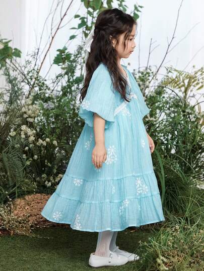 Dazy Kids Young Girls V-Neck Lace Patchwork Korean Style Spring/Summer Elegant Party Short Sleeve Dress