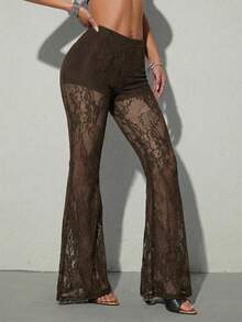 SHEIN ICON Quần ống loe cạp thấp ren dành cho nữ, phong cách Y2K gợi cảm, thanh lịch và thời trang. - màu nâu - Xem 7