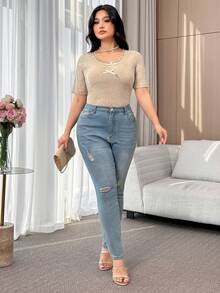 Feyla Plus Size Women Contrast Lace Round Neck Short Sleeve Bow Decor Fashion T-Shirt Knit Tops For Women Bow Tops For Women - Apricot - View 7