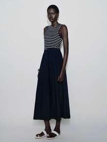 Lumivelle Women's French Nautical Navy Striped Patchwork Sleeveless High Waist Elastic Waist Flowy Dress - Navy Blue - View 3