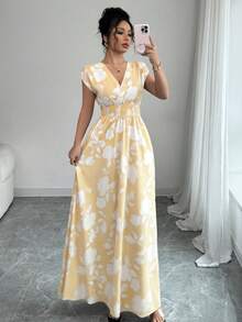 Selianne Floral Print Shirred Waist Casual Summer Dress - Multicolor - View 3