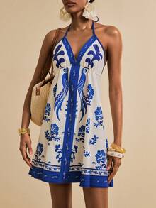SHEIN Veneréa Women's Summer Beach Bohemian Blue & White Floral Parrot Print V-Neck Sleeveless Backless Strap Vacation Coverup Dress - Multicolor - View 1