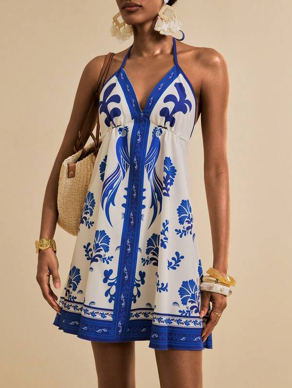 SHEIN Veneréa Women's Summer Beach Bohemian Blue & White Floral Parrot Print V-Neck Sleeveless Backless Strap Vacation Coverup Dress